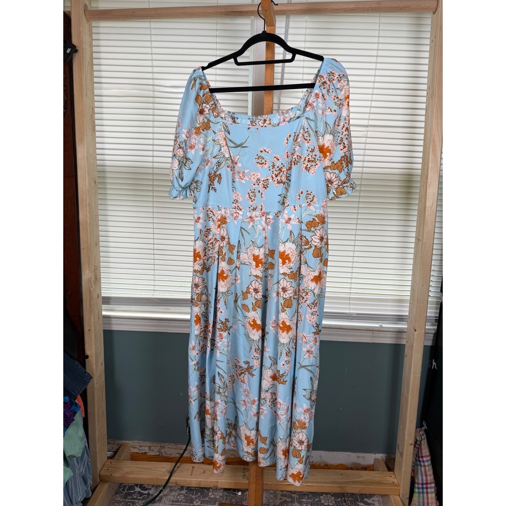 Shein Curve Light Blue Floral Puff Sleeve Square Neck Midi Dress 1XL Cottagecore